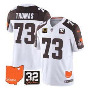 Cleveland Browns #73 Joe Thomas White/Brown 2023 F.U.S.E. With Jim Brown Memorial Patch and 4-Star C Patch Vapor Untouchable Limited Stitched Jersey