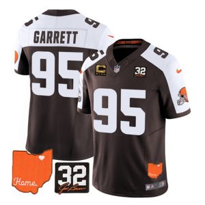 Cleveland Browns #95 Myles Garrett Brown/White 2023 F.U.S.E. With Jim Brown Memorial Patch and 4-Star C Patch Vapor Untouchable Limited Jersey