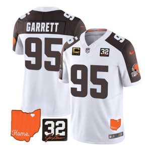 Cleveland Browns #95 Myles Garrett White/Brown 2023 F.U.S.E. With Jim Brown Memorial Patch and 4-Star C Patch Vapor Untouchable Limited Jersey