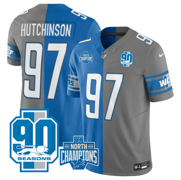 Detroit Lions #97 Aidan Hutchinson Blue/Gray Split 2023 F.U.S.E. 90th Anniversary NFC North Division Champions Vapor Untouchable Limited Jersey