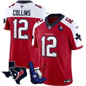 Houston Texans #12 Nico Collins White/Red 2023 F.U.S.E. With 1-Star C And Hand Sign Throwing Up The H Patch Vapor Untouchable Limited Stitched Jersey