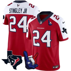 Houston Texans #24 Derek Stingley Jr. White/Red 2023 F.U.S.E. With 1-Star C And Hand Sign Throwing Up The H Patch Vapor Untouchable Limited Jersey