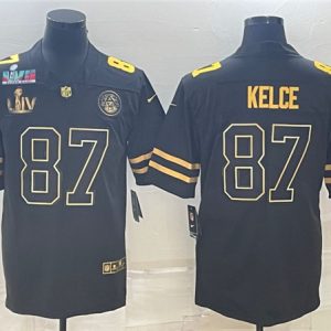 Kansas City Chiefs #87 Travis Kelce Black Golden Super Bowl LV And Super Bowl LVII Patch And 4-star C Patch Vapor Untouchable Limited Stitched Jersey