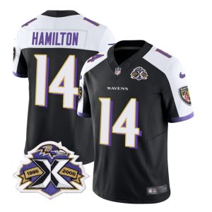 Men Baltimore Ravens #14 Kyle Hamilton Black/White 2023 F.U.S.E With Patch Throwback Vapor Limited Stitched Jersey