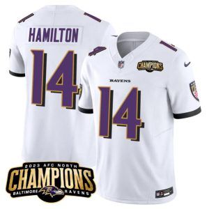 Men Baltimore Ravens #14 Kyle Hamilton White 2023 F.U.S.E. AFC North Champions Vapor Limited Football Stitched Jersey