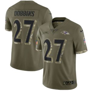 Men Baltimore Ravens #27 J.K. Dobbins 2022 Olive Salute To Service Limited Stitched Jersey