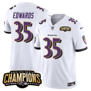 Men Baltimore Ravens #35 Gus Edwards White 2023 F.U.S.E. AFC North Champions Vapor Limited Football Stitched Jersey