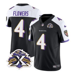 Men Baltimore Ravens #4 Zay Flowers Black/White 2023 F.U.S.E With Patch Throwback Vapor Limited Stitched Jersey