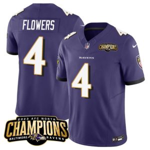 Men Baltimore Ravens #4 Zay Flowers Purple 2023 F.U.S.E. AFC North Champions Vapor Limited Football Stitched Jersey