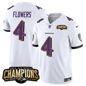 Men Baltimore Ravens #4 Zay Flowers White 2023 F.U.S.E. AFC North Champions Vapor Limited Football Stitched Jersey