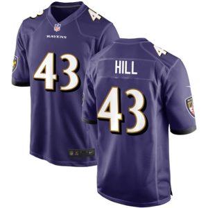 Men Baltimore Ravens #43 Justice Hill Purple Football Stitched Game Jersey