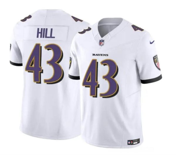 Men Baltimore Ravens #43 Justice Hill White 2023 F.U.S.E. Vapor Limited Football Stitched Jersey