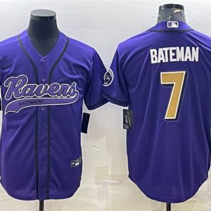 Men Baltimore Ravens #7 Rashod Bateman Purple Gold With Patch Cool Base Stitched Baseball Jersey