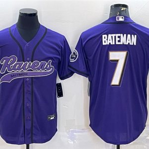 Men Baltimore Ravens #7 Rashod Bateman Purple With Patch Cool Base Stitched Baseball Jersey