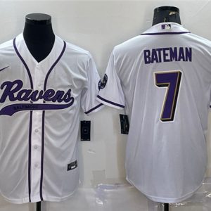 Men Baltimore Ravens #7 Rashod Bateman White With Patch Cool Base Stitched Baseball Jersey