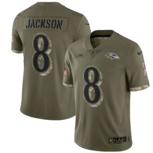 Men Baltimore Ravens #8 Lamar Jackson 2022 Olive Salute To Service Limited Stitched Jersey