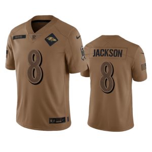 Men Baltimore Ravens #8 Lamar Jackson 2023 Brown Salute To Service Limited Football Stitched Jersey