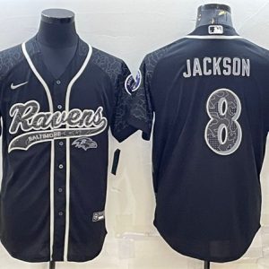 Men Baltimore Ravens #8 Lamar Jackson Black Reflective With Patch Cool Base Stitched Baseball Jersey