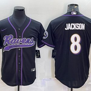 Men Baltimore Ravens #8 Lamar Jackson Black With Patch Cool Base Stitched Baseball Jersey