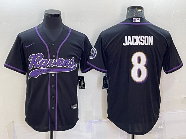 Men Baltimore Ravens #8 Lamar Jackson Black With Patch Cool Base Stitched Baseball Jersey