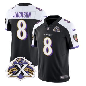 Men Baltimore Ravens #8 Lamar Jackson Black/White 2023 F.U.S.E With Patch Throwback Vapor Limited Stitched Jersey