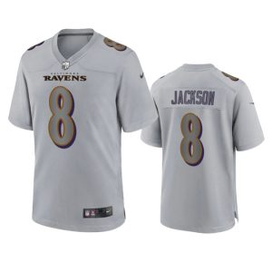 Men Baltimore Ravens #8 Lamar Jackson Gray Atmosphere Fashion Stitched Game Jersey