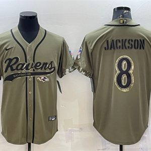 Men Baltimore Ravens #8 Lamar Jackson Olive 2022 Salute to Service Cool Base Stitched Baseball Jersey