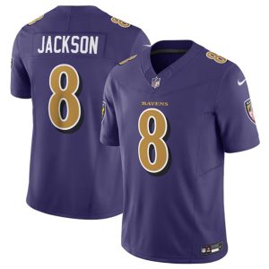 Men Baltimore Ravens #8 Lamar Jackson Purple 2023 F.U.S.E Coloe Rush Jersey