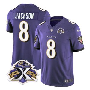 Men Baltimore Ravens #8 Lamar Jackson Purple 2023 F.U.S.E With Patch Throwback Vapor Limited Stitched Jersey