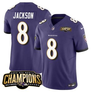 Men Baltimore Ravens #8 Lamar Jackson Purple 2023 F.U.S.E. AFC North Champions Vapor Limited Football Stitched Jersey