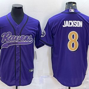 Men Baltimore Ravens #8 Lamar Jackson Purple Gold With Patch Cool Base Stitched Baseball Jersey