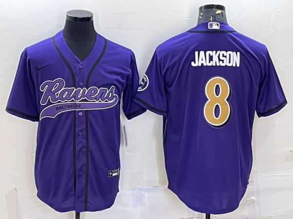 Men Baltimore Ravens #8 Lamar Jackson Purple Gold With Patch Cool Base Stitched Baseball Jersey