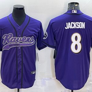 Men Baltimore Ravens #8 Lamar Jackson Purple With Patch Cool Base Stitched Baseball Jersey