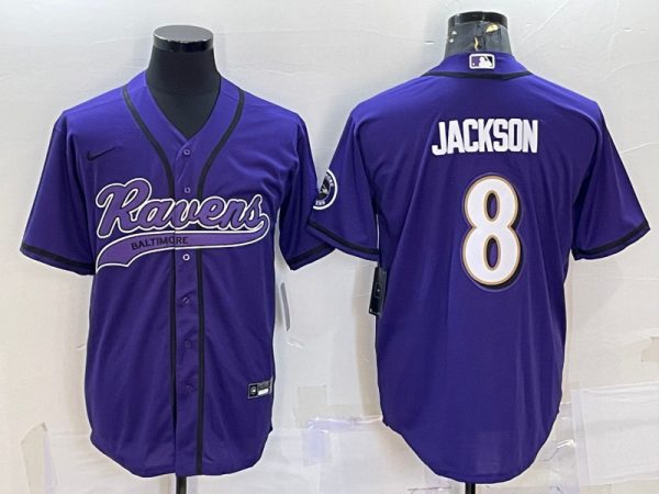 Men Baltimore Ravens #8 Lamar Jackson Purple With Patch Cool Base Stitched Baseball Jersey