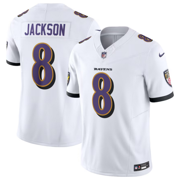 Men Baltimore Ravens #8 Lamar Jackson White 2023 F.U.S.E Vapor Jersey