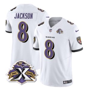 Men Baltimore Ravens #8 Lamar Jackson White 2023 F.U.S.E With Patch Throwback Vapor Limited Stitched Jersey