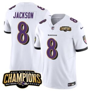 Men Baltimore Ravens #8 Lamar Jackson White 2023 F.U.S.E. AFC North Champions Vapor Limited Football Stitched Jersey