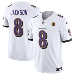 Men Baltimore Ravens #8 Lamar Jackson White 2023 F.U.S.E. With John Madden Patch Vapor Limited Football Stitched Jersey