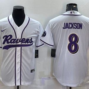 Men Baltimore Ravens #8 Lamar Jackson White With Patch Cool Base Stitched Baseball Jersey