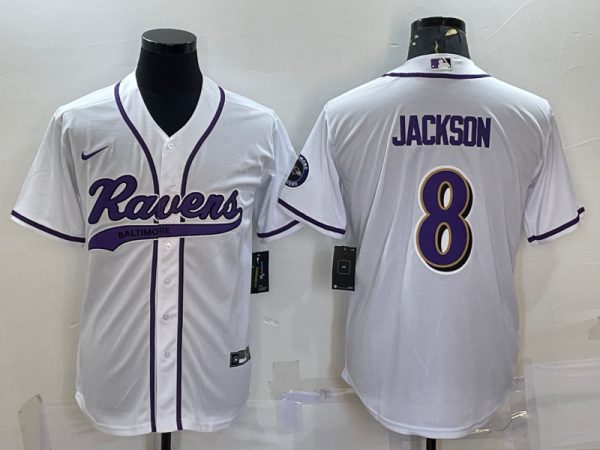 Men Baltimore Ravens #8 Lamar Jackson White With Patch Cool Base Stitched Baseball Jersey