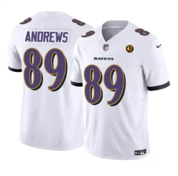 Men Baltimore Ravens #89 Mark Andrews White 2023 F.U.S.E. With John Madden Patch Vapor Limited Football Stitched Jersey