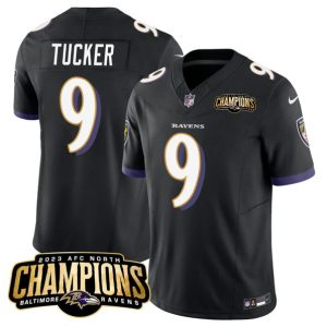 Men Baltimore Ravens #9 Justin Tucker Black 2023 F.U.S.E. AFC North Champions Vapor Limited Football Stitched Jersey