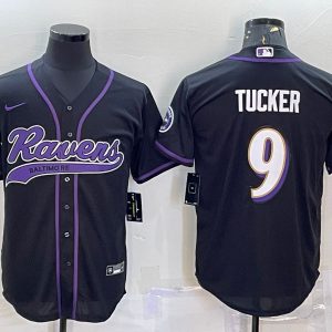 Men Baltimore Ravens #9 Justin Tucker Black With Patch Cool Base Stitched Baseball Jersey