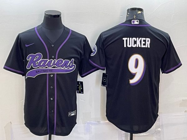 Men Baltimore Ravens #9 Justin Tucker Black With Patch Cool Base Stitched Baseball Jersey