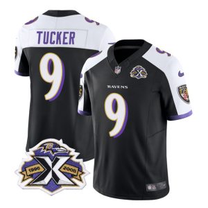 Men Baltimore Ravens #9 Justin Tucker Black/White 2023 F.U.S.E With Patch Throwback Vapor Limited Stitched Jersey