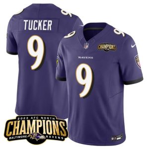 Men Baltimore Ravens #9 Justin Tucker Purple 2023 F.U.S.E. AFC North Champions Vapor Limited Football Stitched Jersey