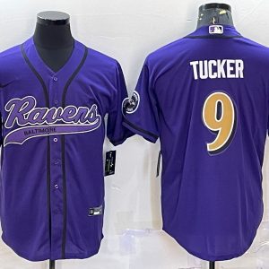 Men Baltimore Ravens #9 Justin Tucker Purple Gold With Patch Cool Base Stitched Baseball Jersey