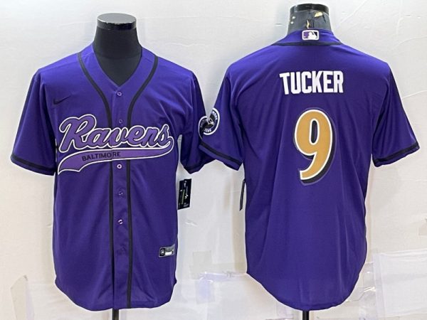 Men Baltimore Ravens #9 Justin Tucker Purple Gold With Patch Cool Base Stitched Baseball Jersey