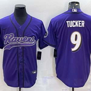 Men Baltimore Ravens #9 Justin Tucker Purple With Patch Cool Base Stitched Baseball Jersey