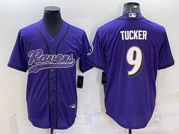 Men Baltimore Ravens #9 Justin Tucker Purple With Patch Cool Base Stitched Baseball Jersey